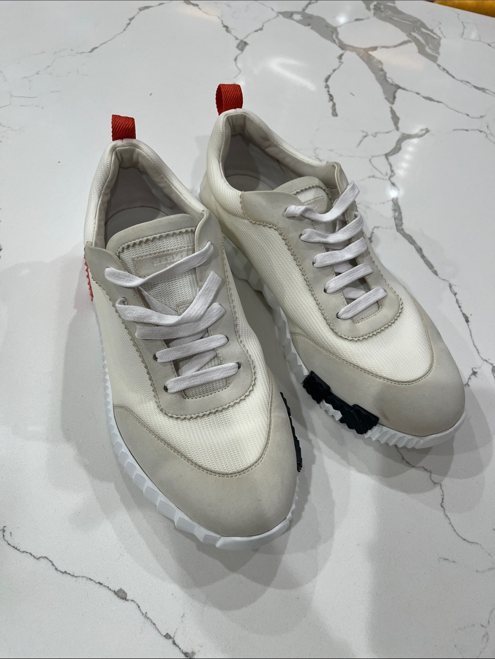 Hermes Men's White Casual Lace-Up Sneakers with orange Heel Tab